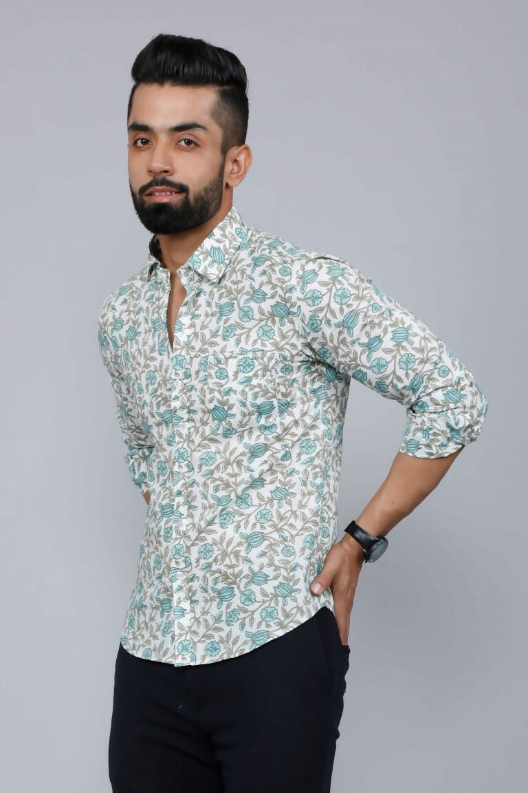 Miravan Men's Spread Collar White & Green Floral Print Slim Fit Shirt | Grocsy