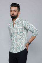 Miravan Men's Spread Collar White & Green Floral Print Slim Fit Shirt | Grocsy