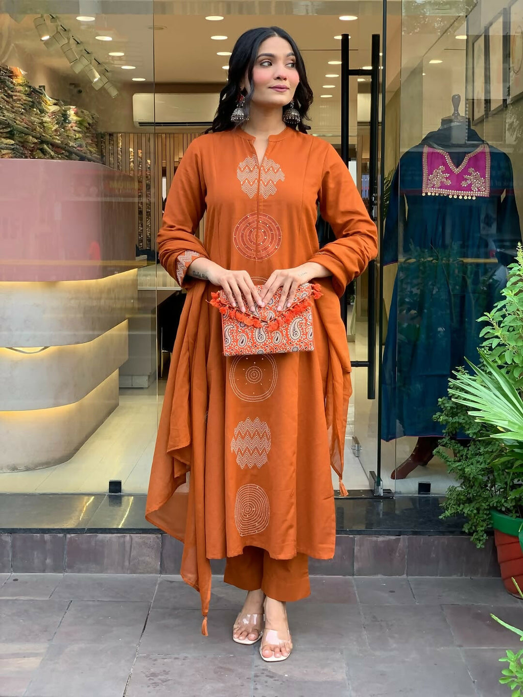 The52 Orange Women's Gorgeous Chanderi Fabric Embroidered Work Straight Kurta Pant and Dupatta Set | Grocsy