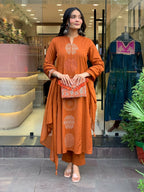 The52 Orange Women's Gorgeous Chanderi Fabric Embroidered Work Straight Kurta Pant and Dupatta Set | Grocsy