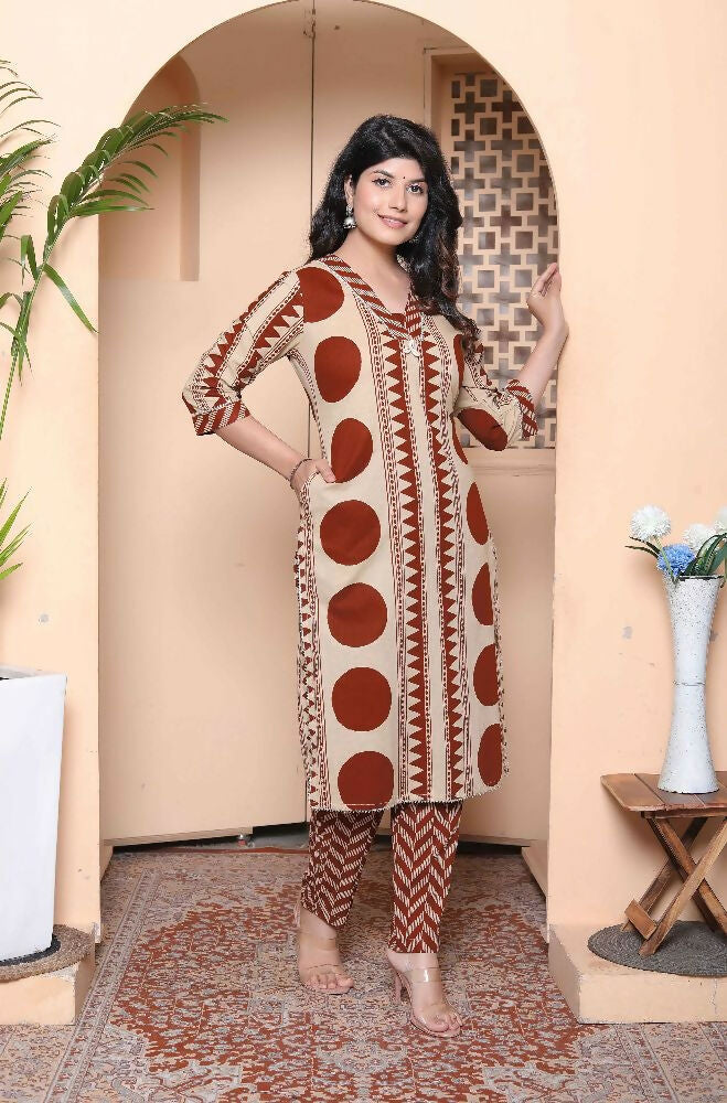 Miravan Womens Brown Pure Cotton Kurta With Palazzo Set | Grocsy