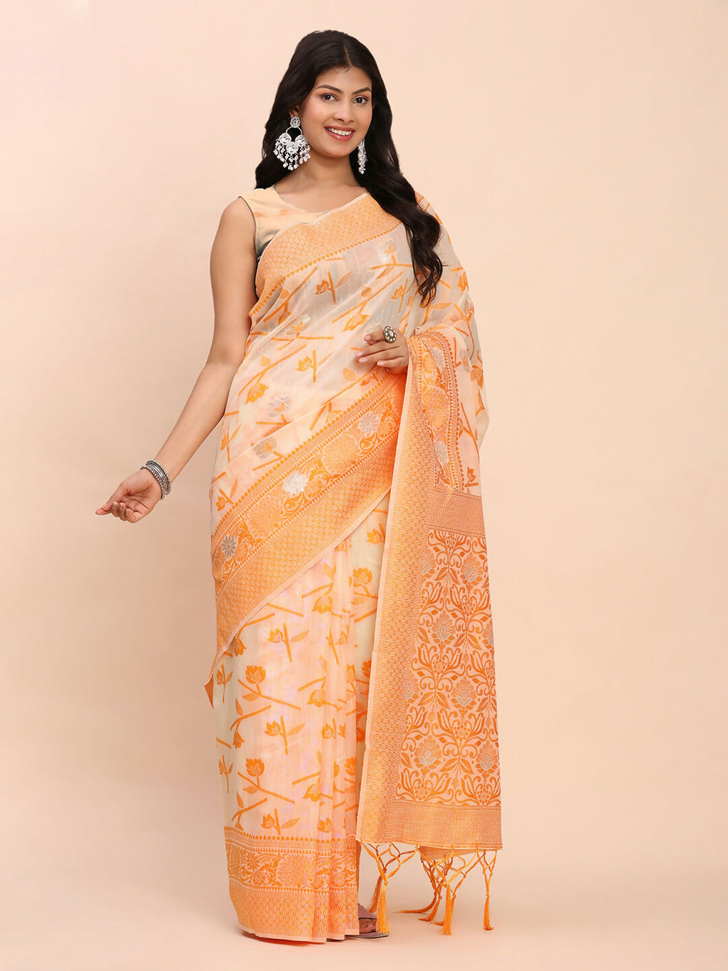 Shree Shyam Fashion Linen Cotton Orange Saree | Grocsy