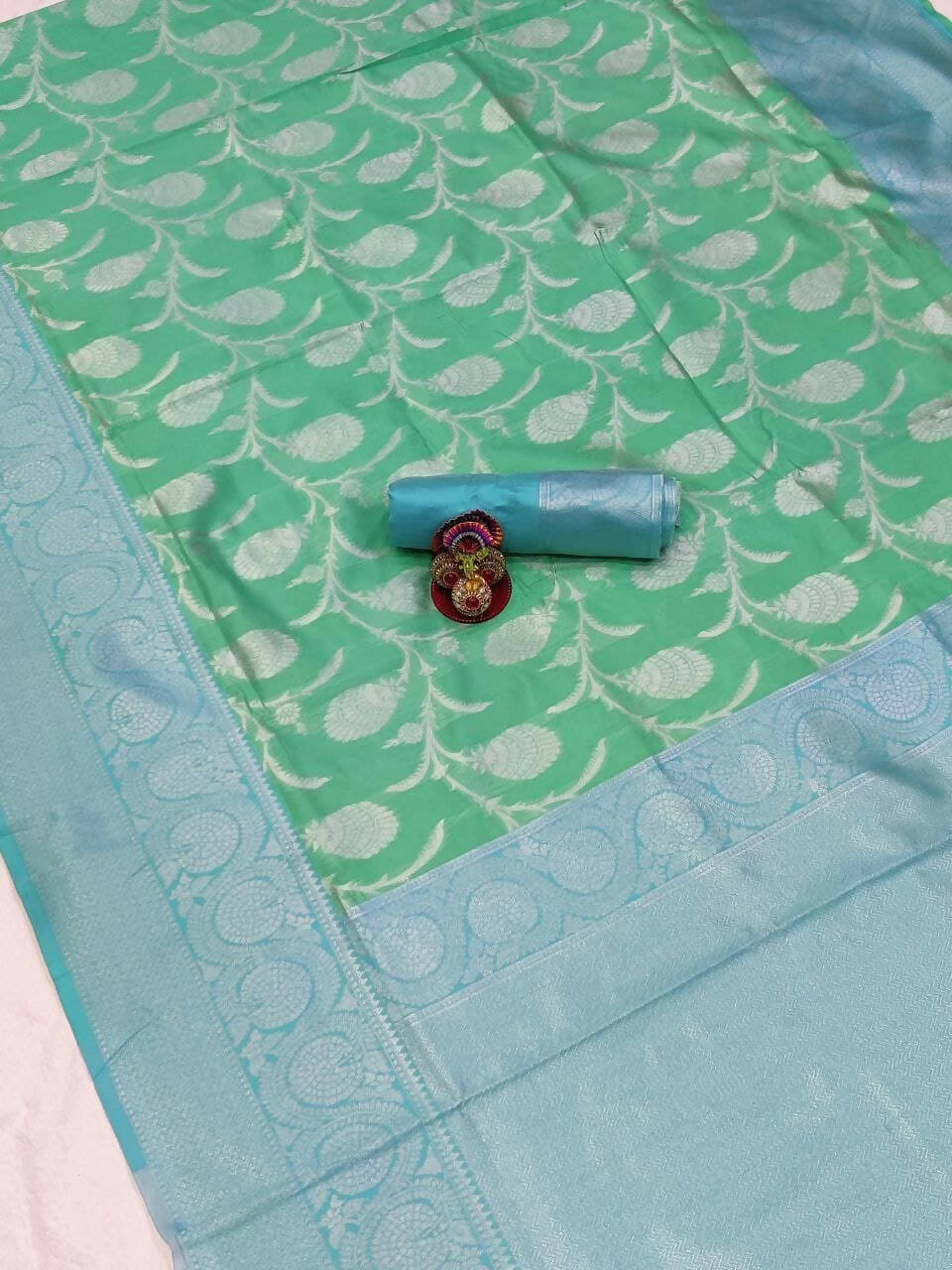 DEIANA'S Beautiful Designer Golden zari Soft Lichi Silk Saree - Pista | Grocsy