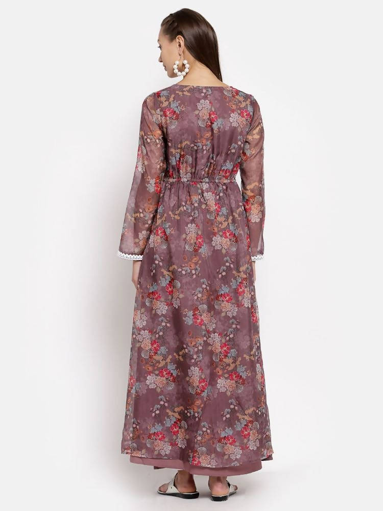 Myshka Women's Multi Organza Printed Full Sleeve Round Neck Casual Maxi Dress | Grocsy
