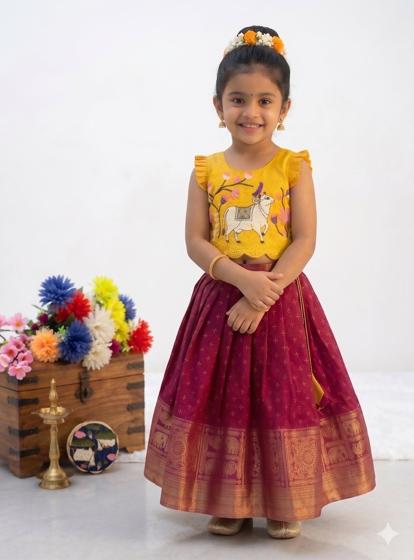Teeya Creation New Trendy Designer Kids Girls Yellow & Red Silk Pichwai Cow Motif Lehenga Choli Set-Yellow | Grocsy