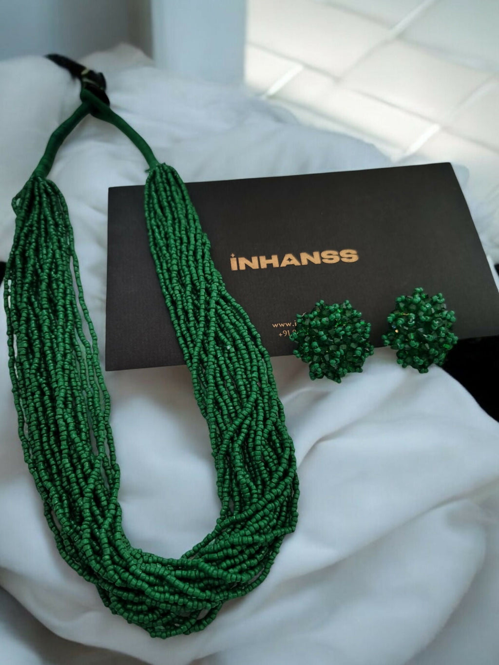 Inhanns Vibrant Handmade 20 Layers Beaded Necklace With Matching Earrings - Green | Grocsy