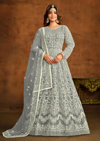 Grey All Over Embroidered Net Wedding Anarkali Suit - Emponline | Grocsy
