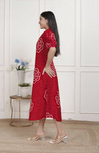 Miravan Womens Red Bandhani Printed Collar Neck Maxi Dress | Grocsy