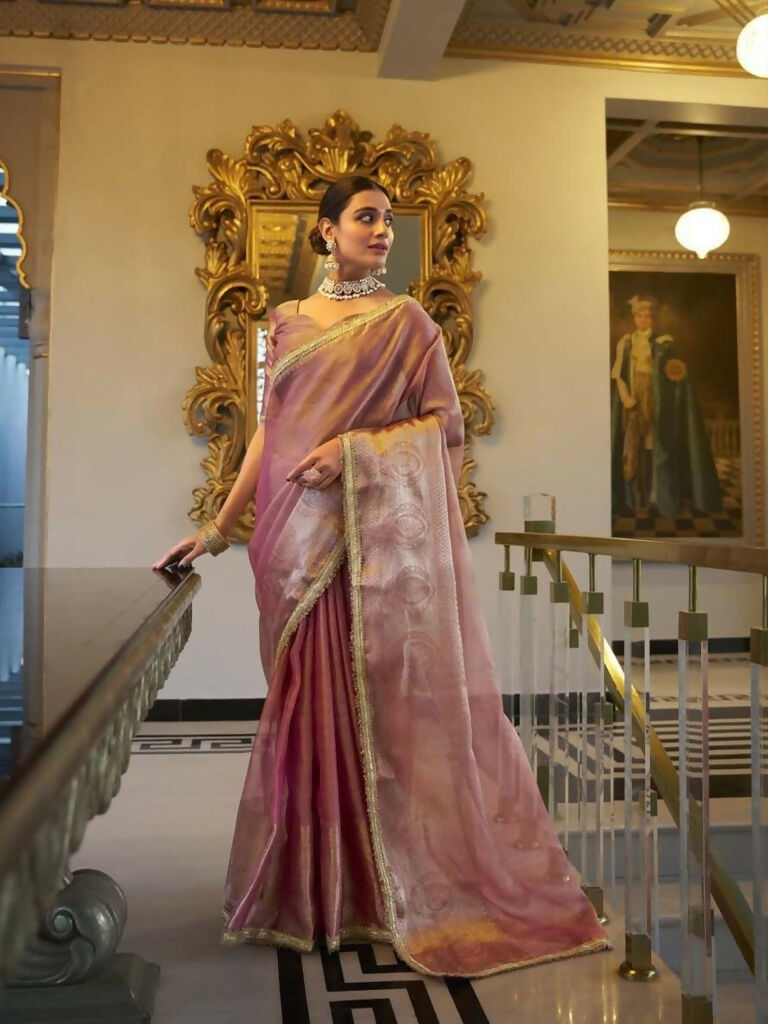 Vastranavya Baby Pink Tissue Shimmer Zari Weaving Work Saree with Unstitched Blouse | Grocsy