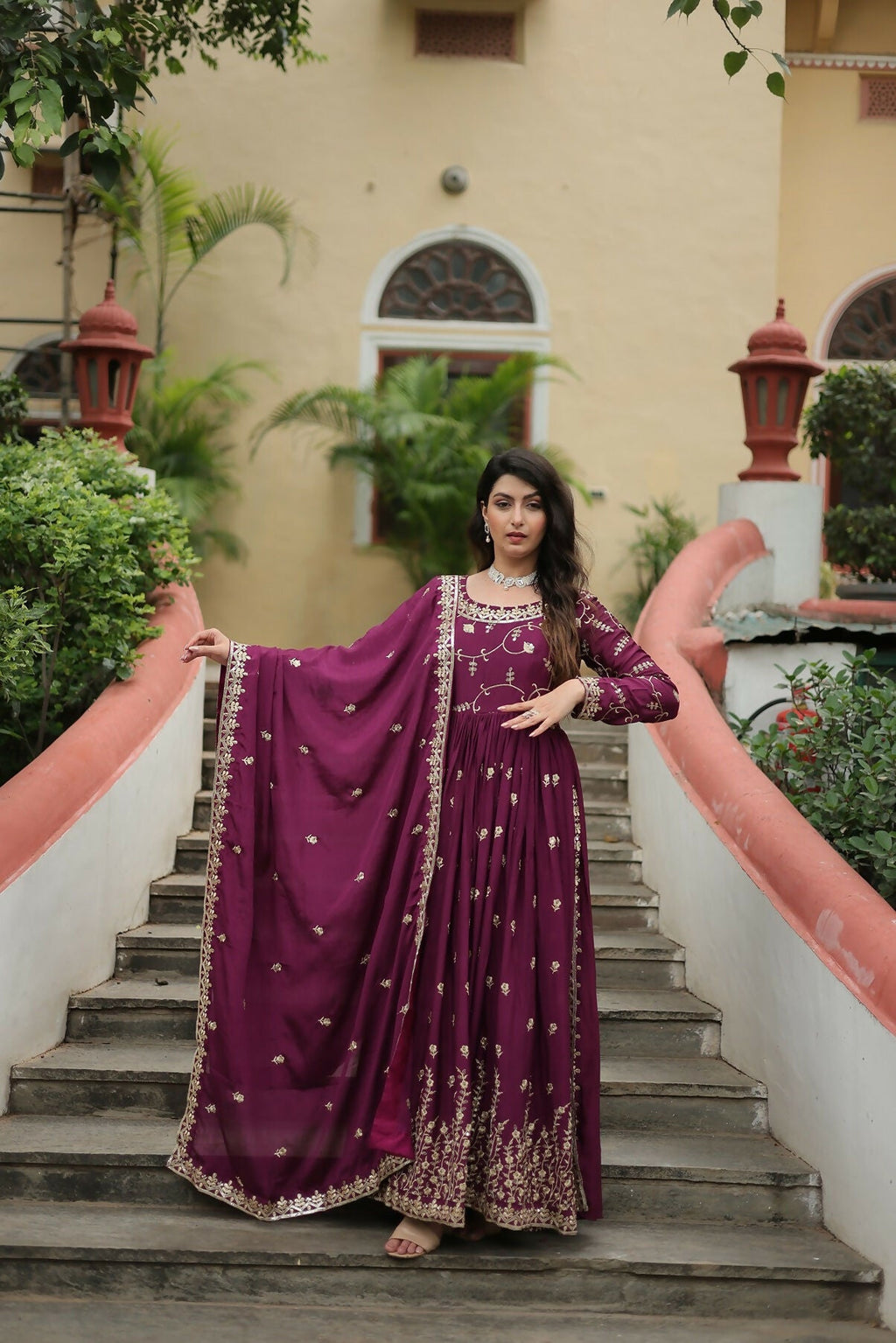Joban Fashion Wine chinon Sequence Embroidery Work Kurta Set | Grocsy