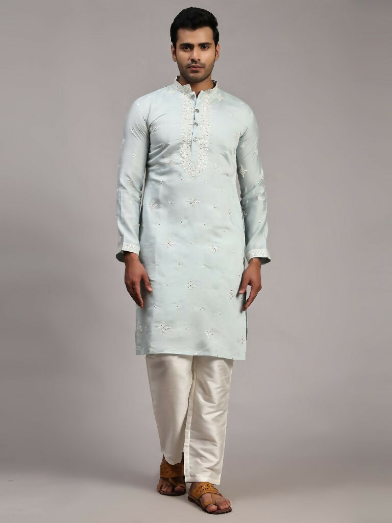 Light Blue Silk Designer Embroidery Work Men's Rajwadi Kurta Set - Mahotsav | Grocsy