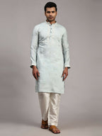 Light Blue Silk Designer Embroidery Work Men's Rajwadi Kurta Set - Mahotsav | Grocsy