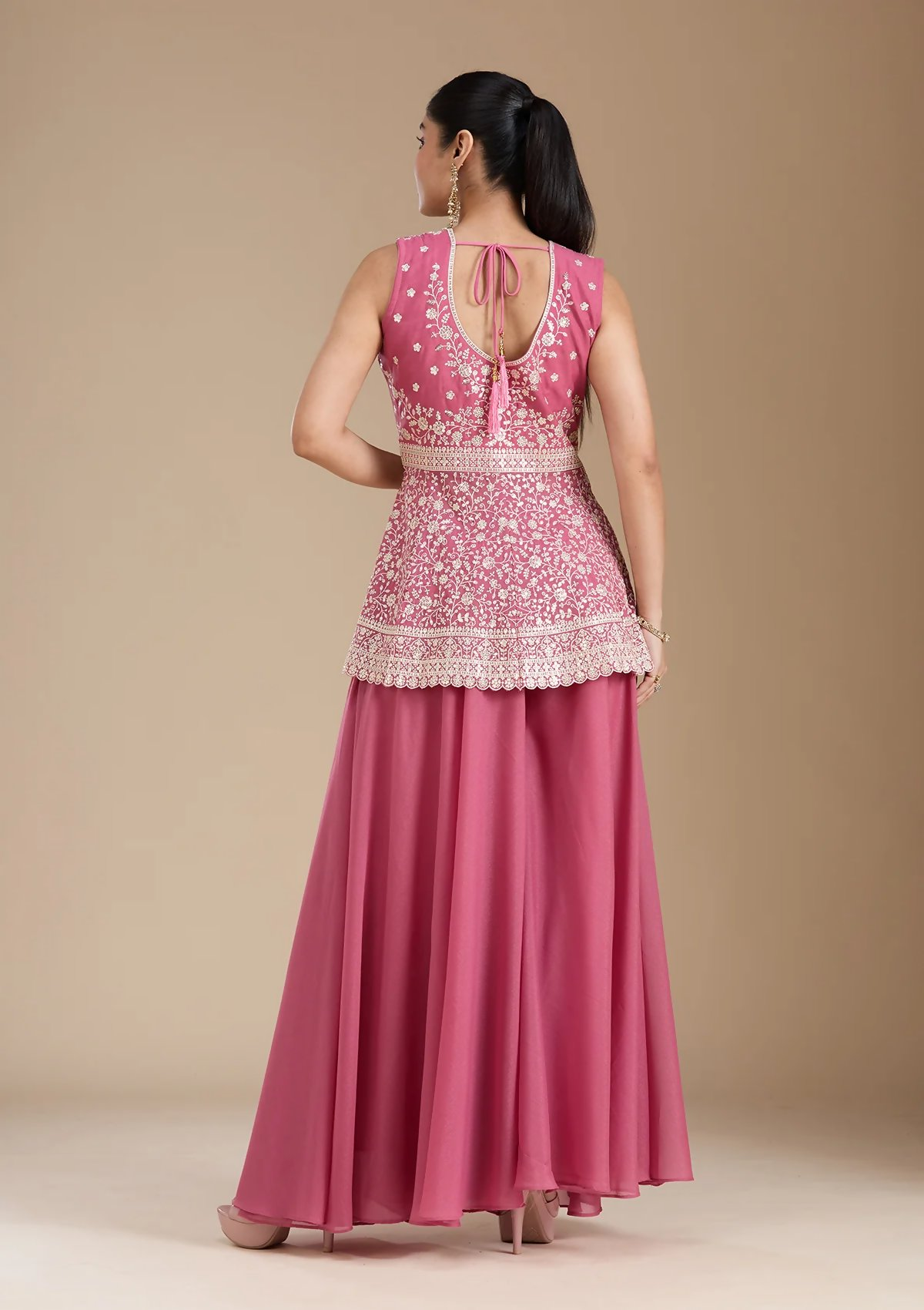 Teeya Creation Pink Color Star Georgette Party Wear Designer Peplum Sharara Set | Grocsy