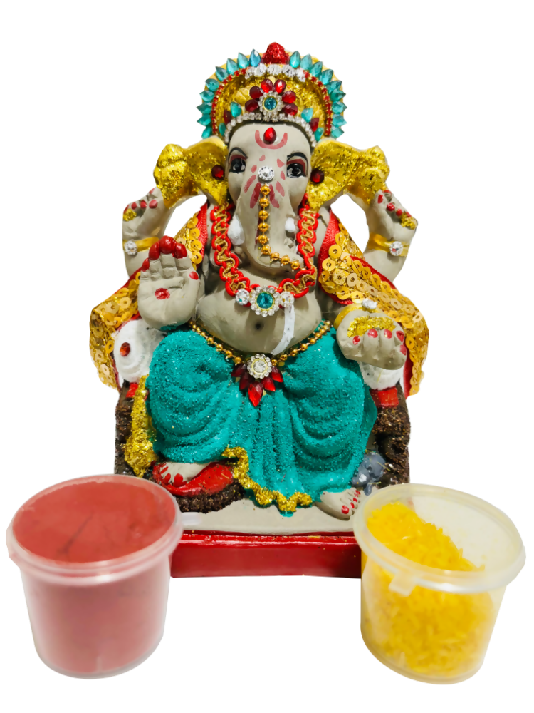 Eco-Friendly Ganesh Idol Small (Non-Toxic Colors) With Kumkum & Akshat - Limited Time Offer | Grocsy
