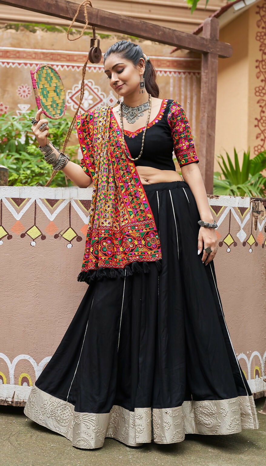 AI Fashion Black Viscose Rayon Designer Navratri Lehenga Choli Collection | Grocsy