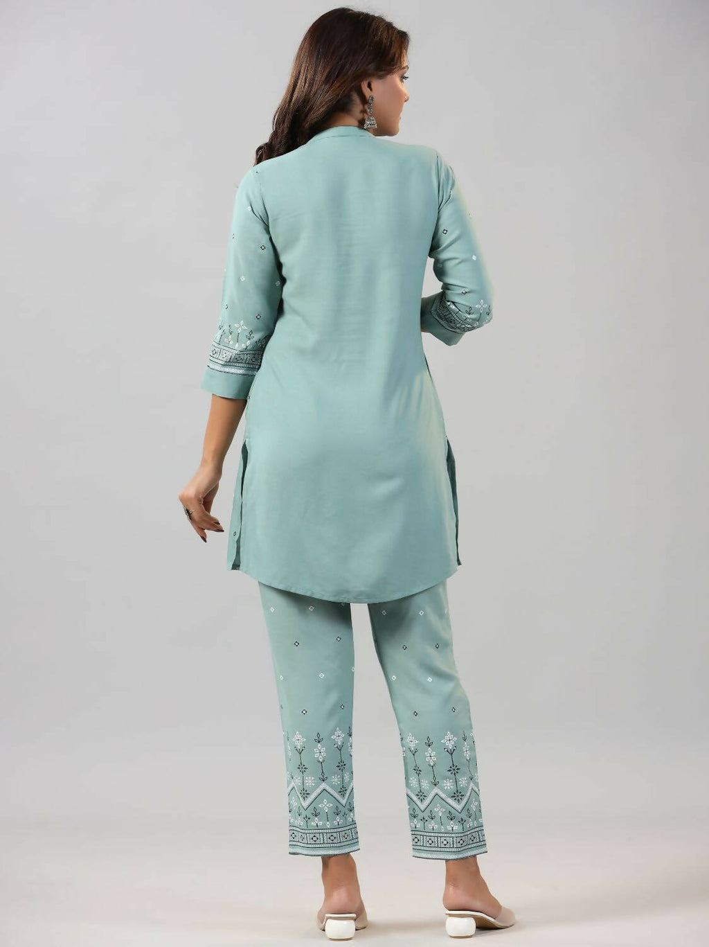 Juniper Women Sage Green Rayon Staple printed Kurta and Pants Set | Grocsy