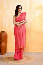 Piyari Fashion Women's Pink Embellished Cotton Blend Zari Check Handloom Saree | Grocsy
