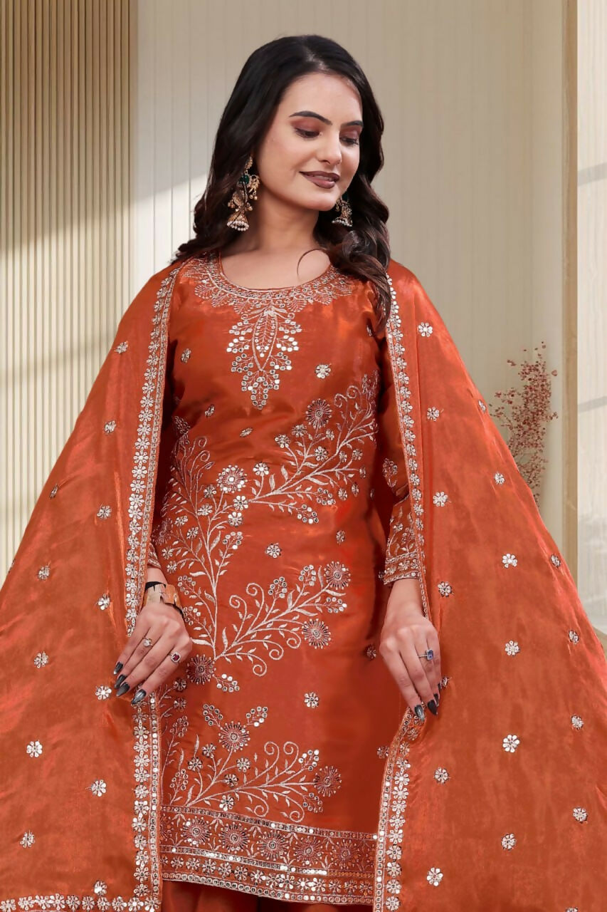 Teeya Creation New Trendy Stylish Rust Orange Embroidered Silk Sharara Suit Set With Dupatta | Grocsy