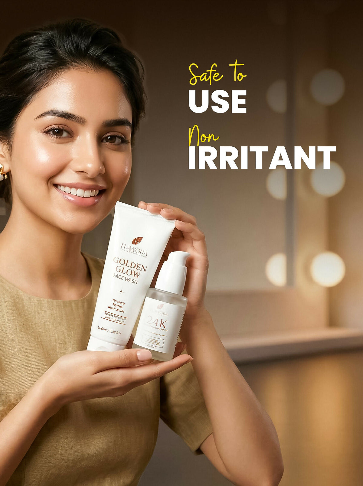 Flawora Set of Golden Glow Face Wash and 24k Golden Glow Face Serum | Grocsy