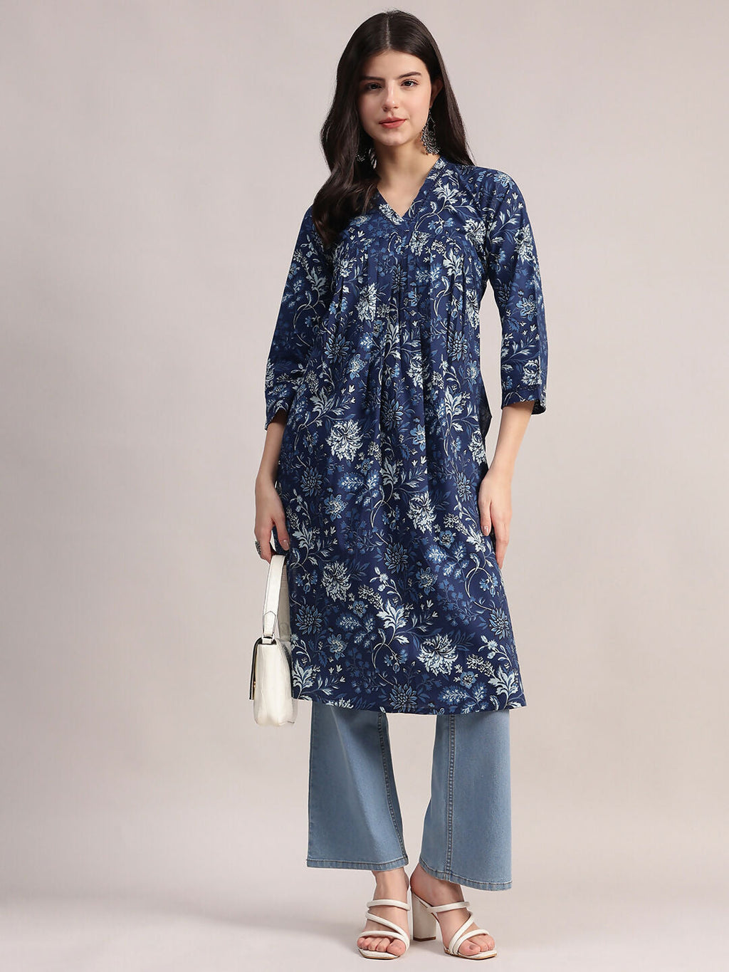 Aavyora Women's Navy Blue Floral Printed Cotton A-Line Kurta with Pintuck Detailing | Grocsy