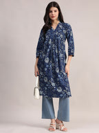 Aavyora Women's Navy Blue Floral Printed Cotton A-Line Kurta with Pintuck Detailing | Grocsy