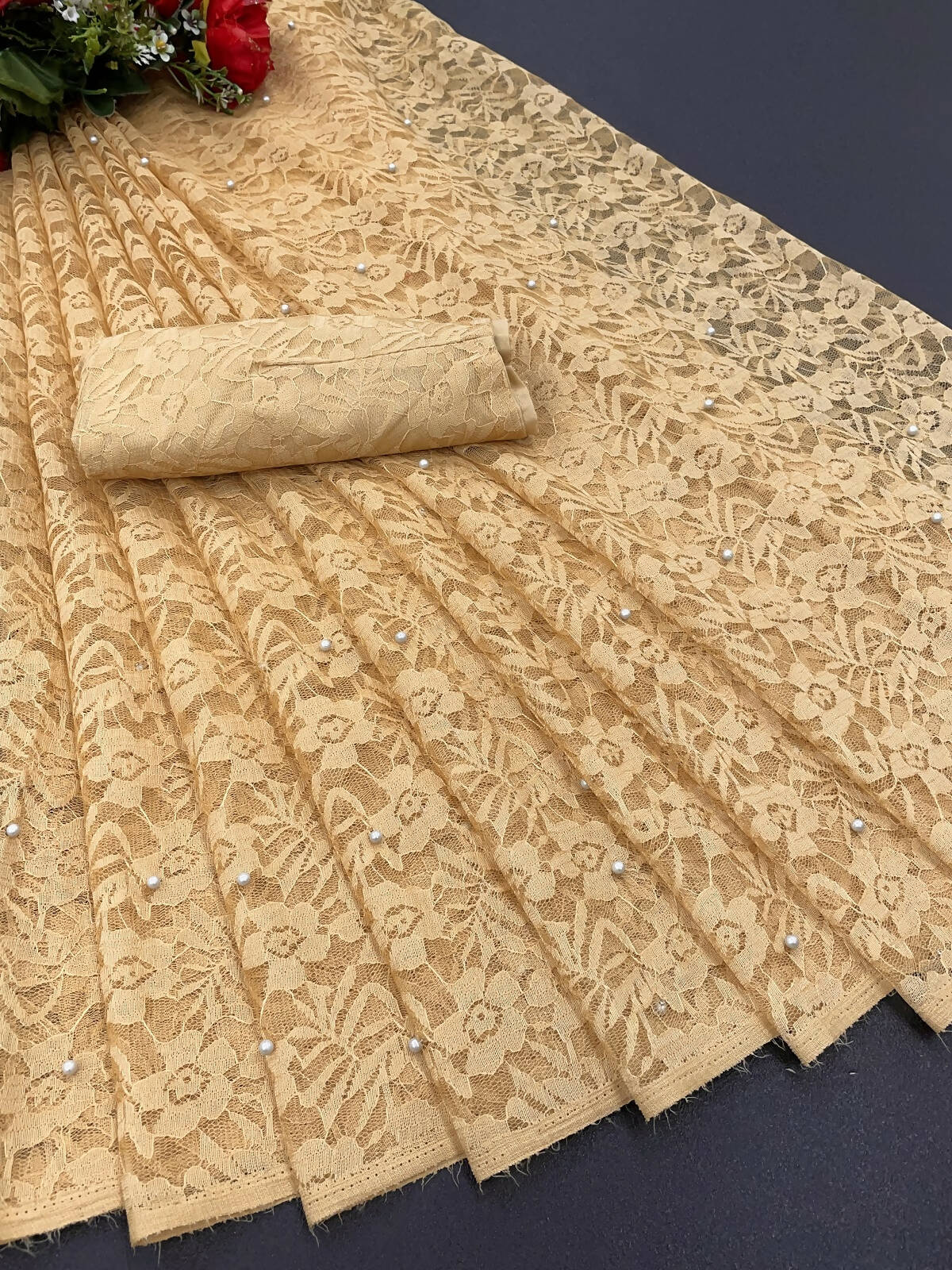 Vamika Brown Pearls Net Saree | Grocsy
