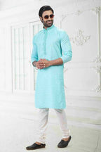 Raivat Ethnic Linen Cotton Thread Work Kurta Pajama In Sky Blue Colour | Grocsy