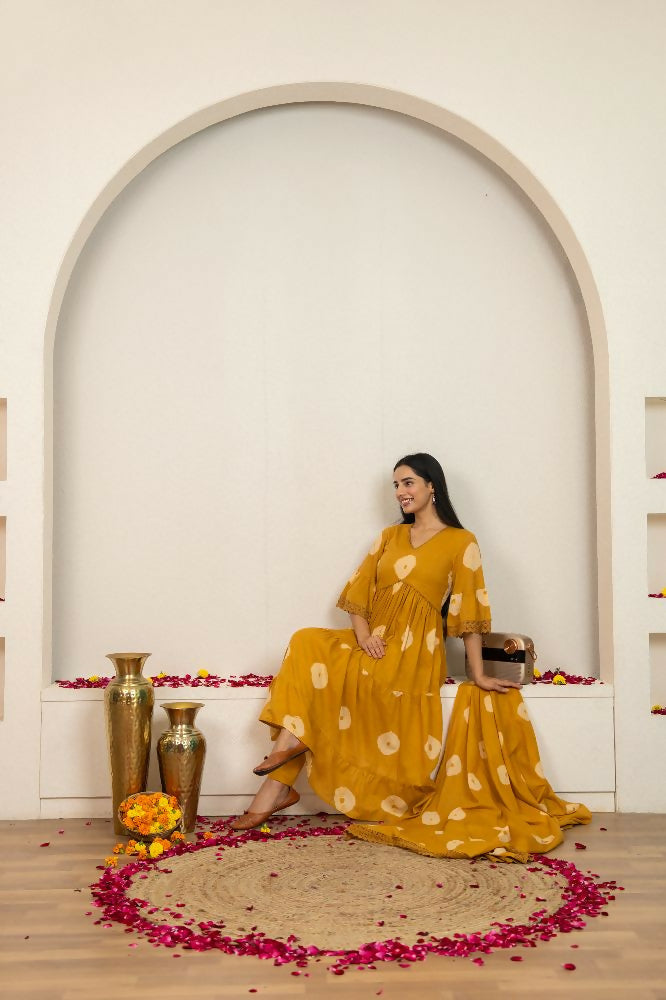 Joban Fashion Musard Yellow Tie & Dye Cotton Suit Set | Grocsy
