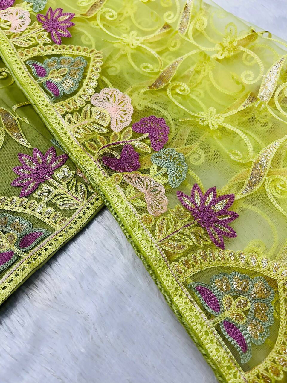 Vastranavya Soft Crush Georgette With Embroidery and Foil Multi Thread Work Saree - Light olive | Grocsy