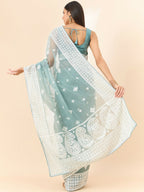 Blue Organza Geometric Embroidered Saree with Unstitched Blouse Piece - Roozal | Grocsy