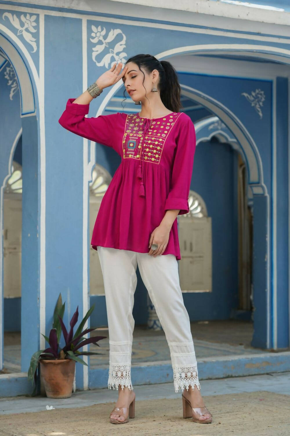 Juniper Women's Fuchsia Rayon Crepe Embroidered Straight Tunic | Grocsy