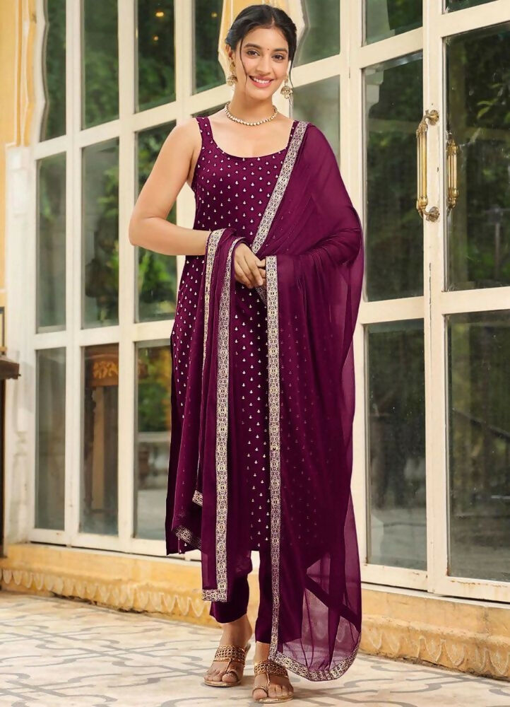 Teeya Creation Womens New Elegant Wine Embroidered Kurti with Matching Bottom Set | Grocsy