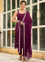 Teeya Creation Womens New Elegant Wine Embroidered Kurti with Matching Bottom Set | Grocsy