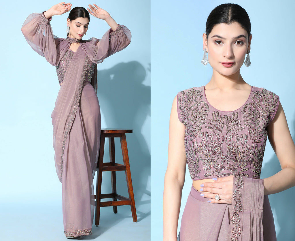 Purple Fancy Pure Fabric Plain Ready to wear Saree with stitched Blouse - Vrinda | Grocsy