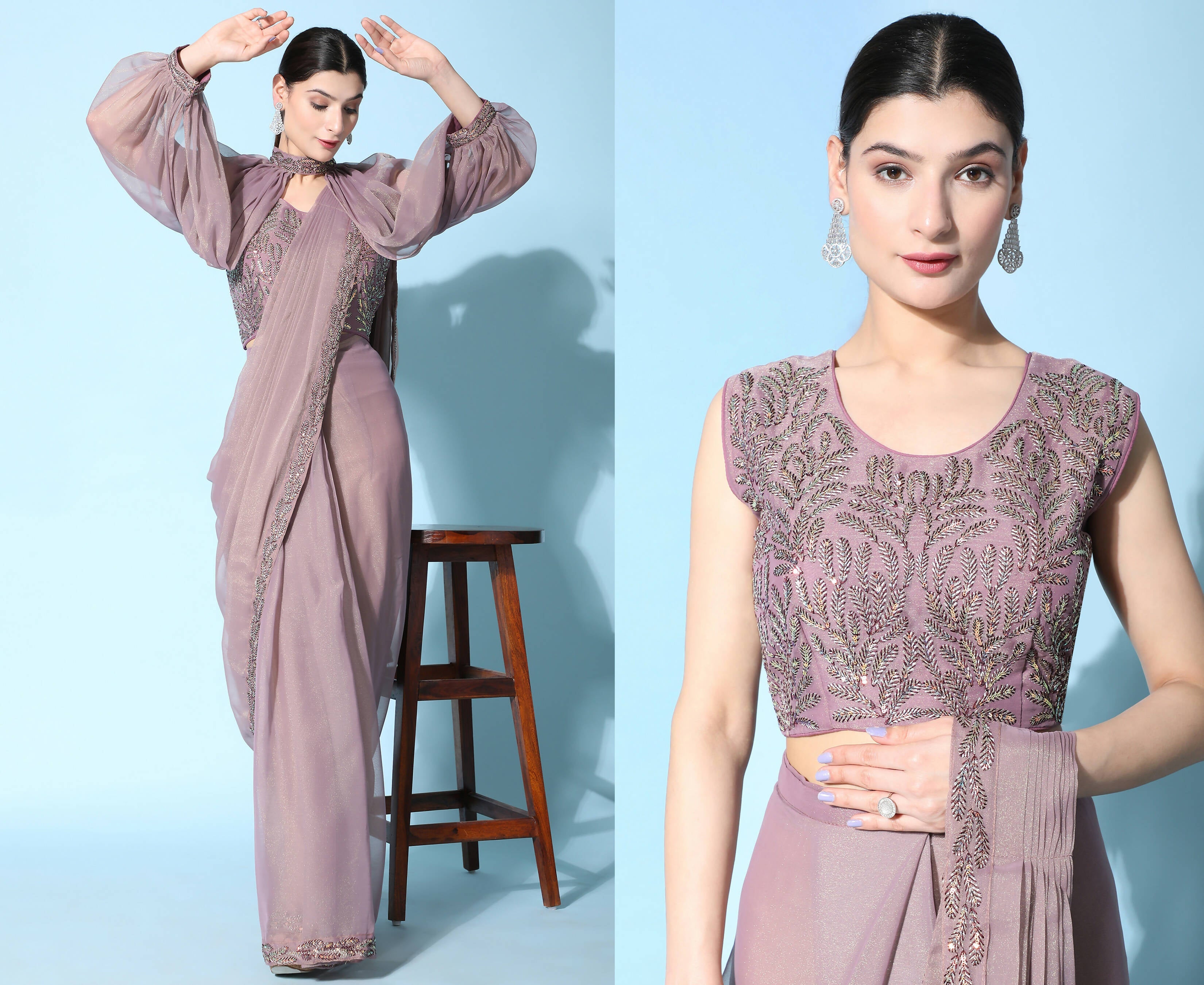 Purple Fancy Pure Fabric Plain Ready to wear Saree with stitched Blouse - Vrinda | Grocsy