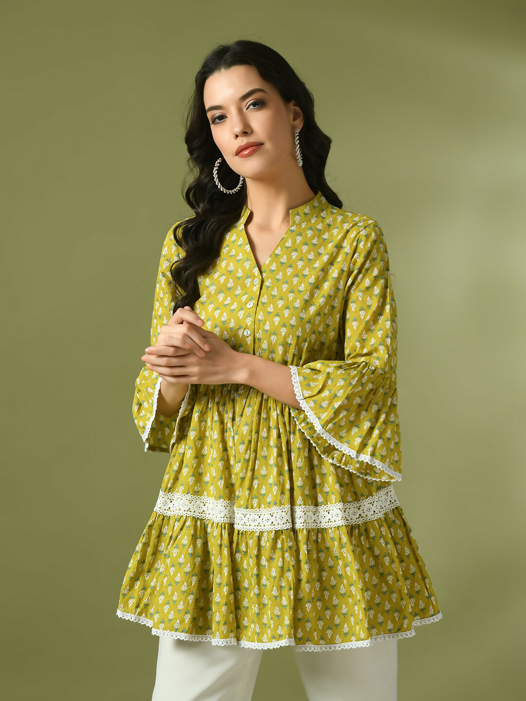 Myshka Women's Yellow Embellished Cotton Gathered Party Empire Top | Grocsy