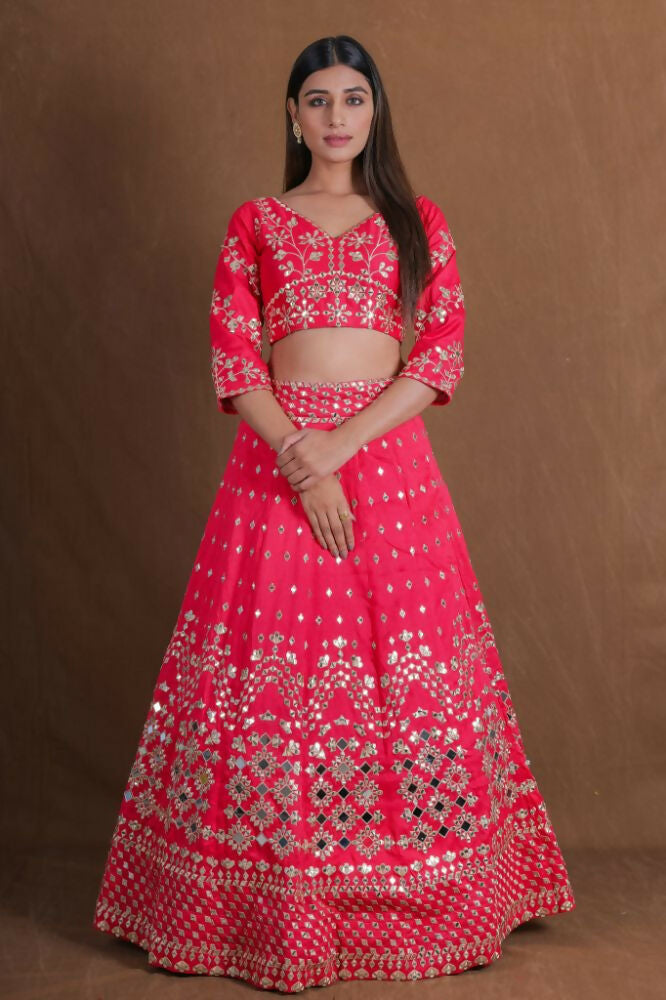 Pink Embroidery With Real Mirror Work Fantum Silk Fabric Lehenga Choli - Jihu Culture | Grocsy