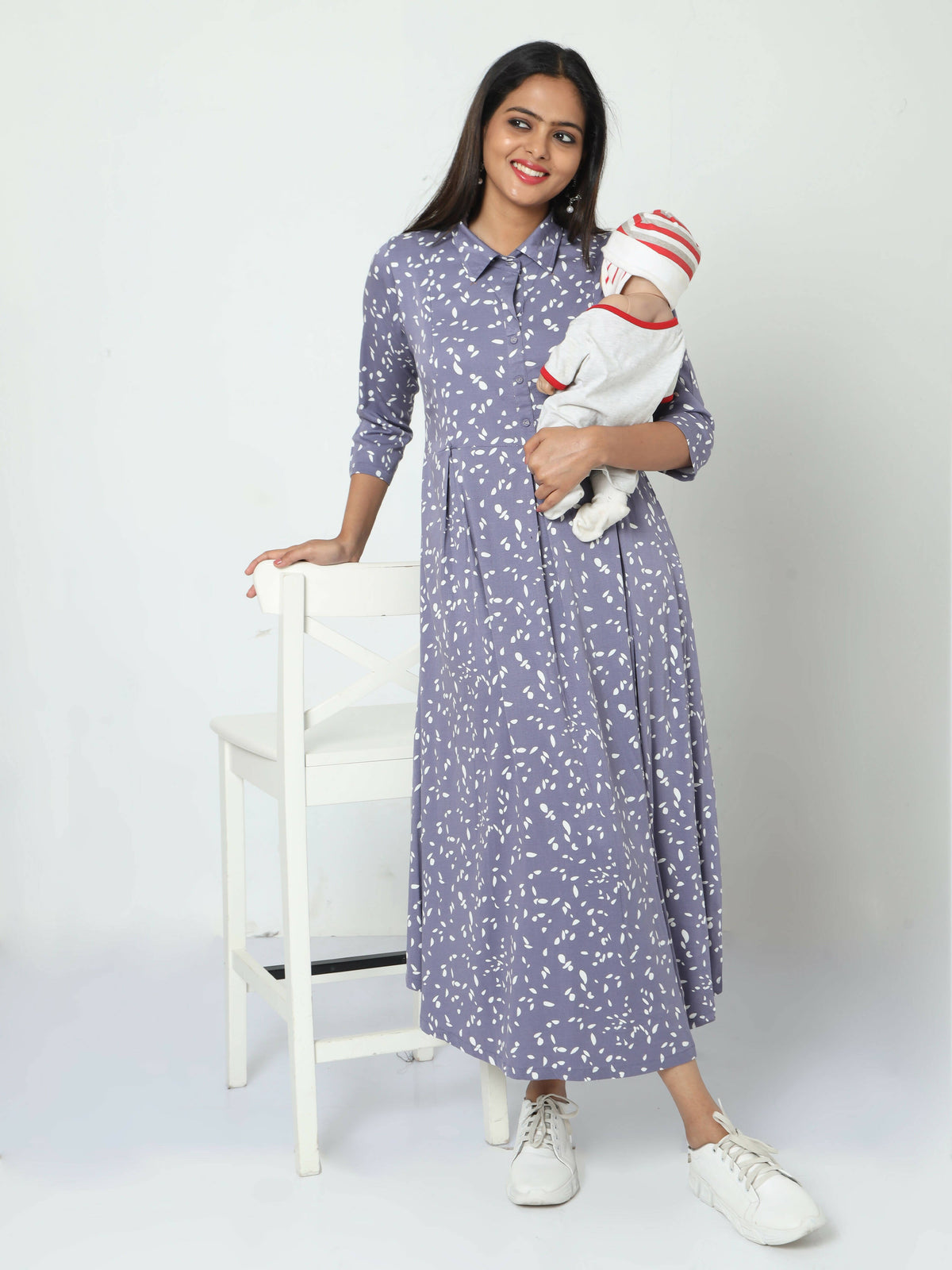 Manet Three Fourth Maternity Dress White Dot Print With Concealed Zipper Nursing Access - Blue | Grocsy