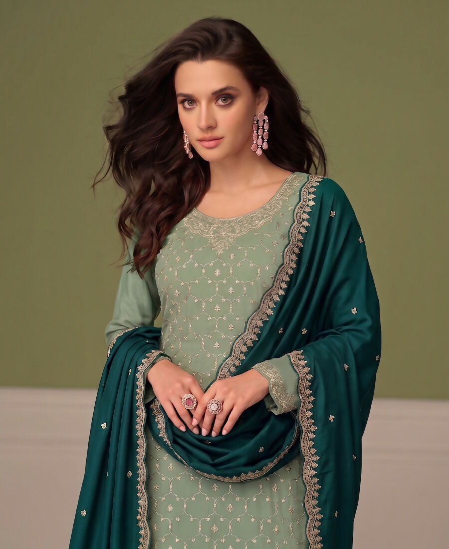 KC Heavy Chinon Pista Green Salwar Suit For Women Ethnic Wear | Grocsy