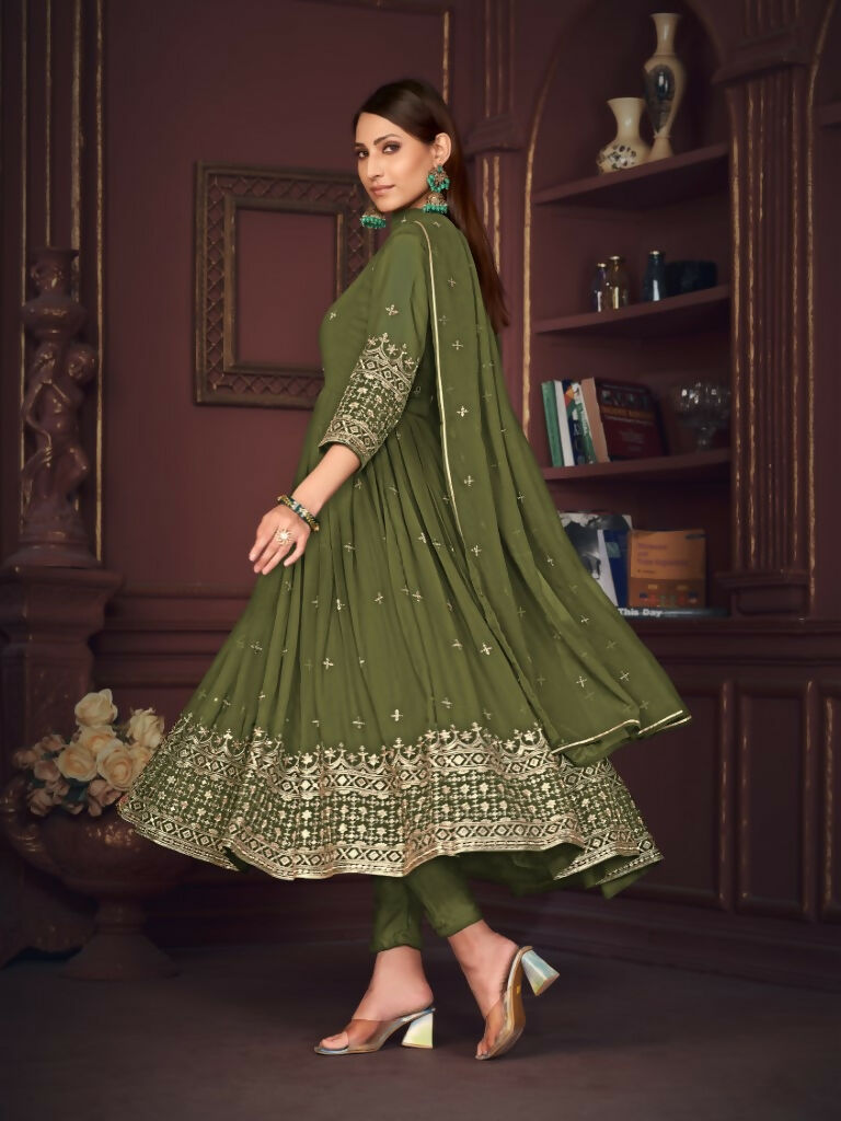 Jyoti Fashion Women's Olive Green Georgette Embroidered Anarkali Kurta Pant Set With Dupatta | Grocsy