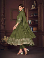 Jyoti Fashion Women's Olive Green Georgette Embroidered Anarkali Kurta Pant Set With Dupatta | Grocsy