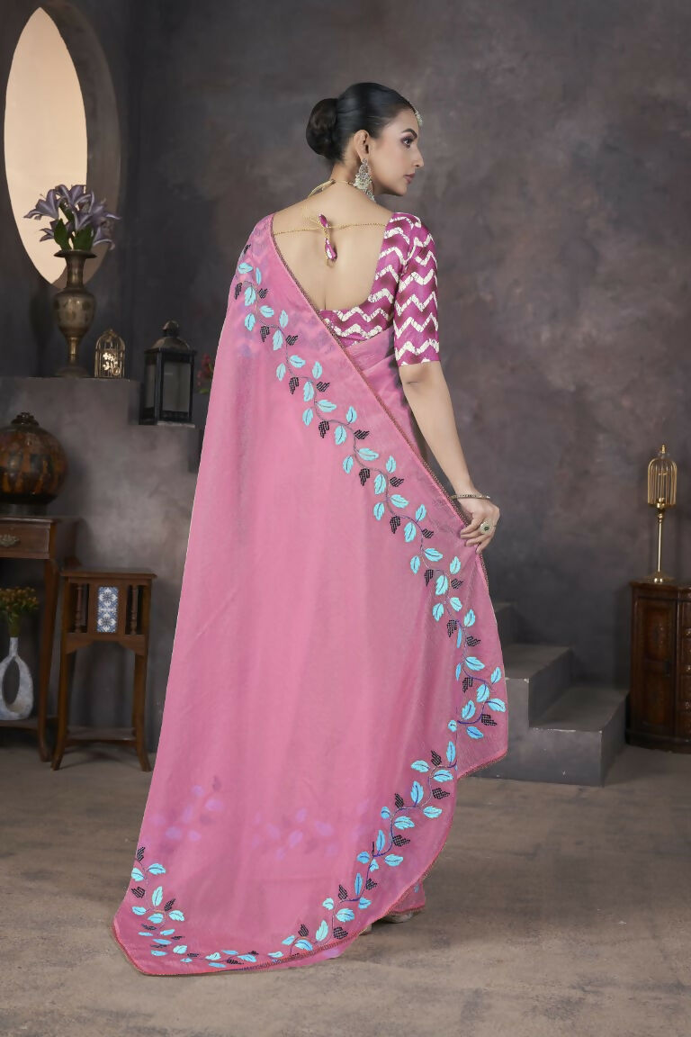 Vastranavya Pink Soft Crush Georgette Thread Embroidery work of Leaf Pattern with Patched Lace Border Saree | Grocsy