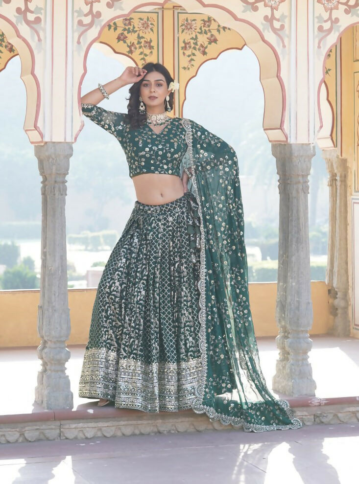Lorenvalley Green Pure Viscose Jacquard With Embroidered Sequins work Lehenga Choli | Grocsy