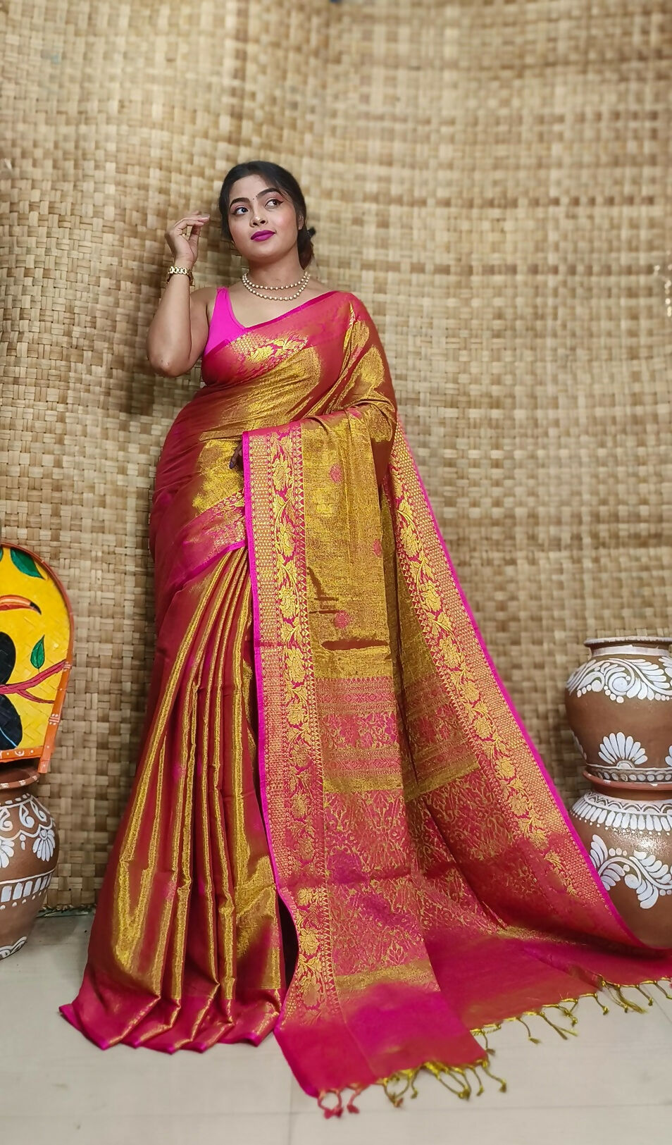 Exclusive Collection Pink Beautiful Tissue Benarasi Saree | Grocsy
