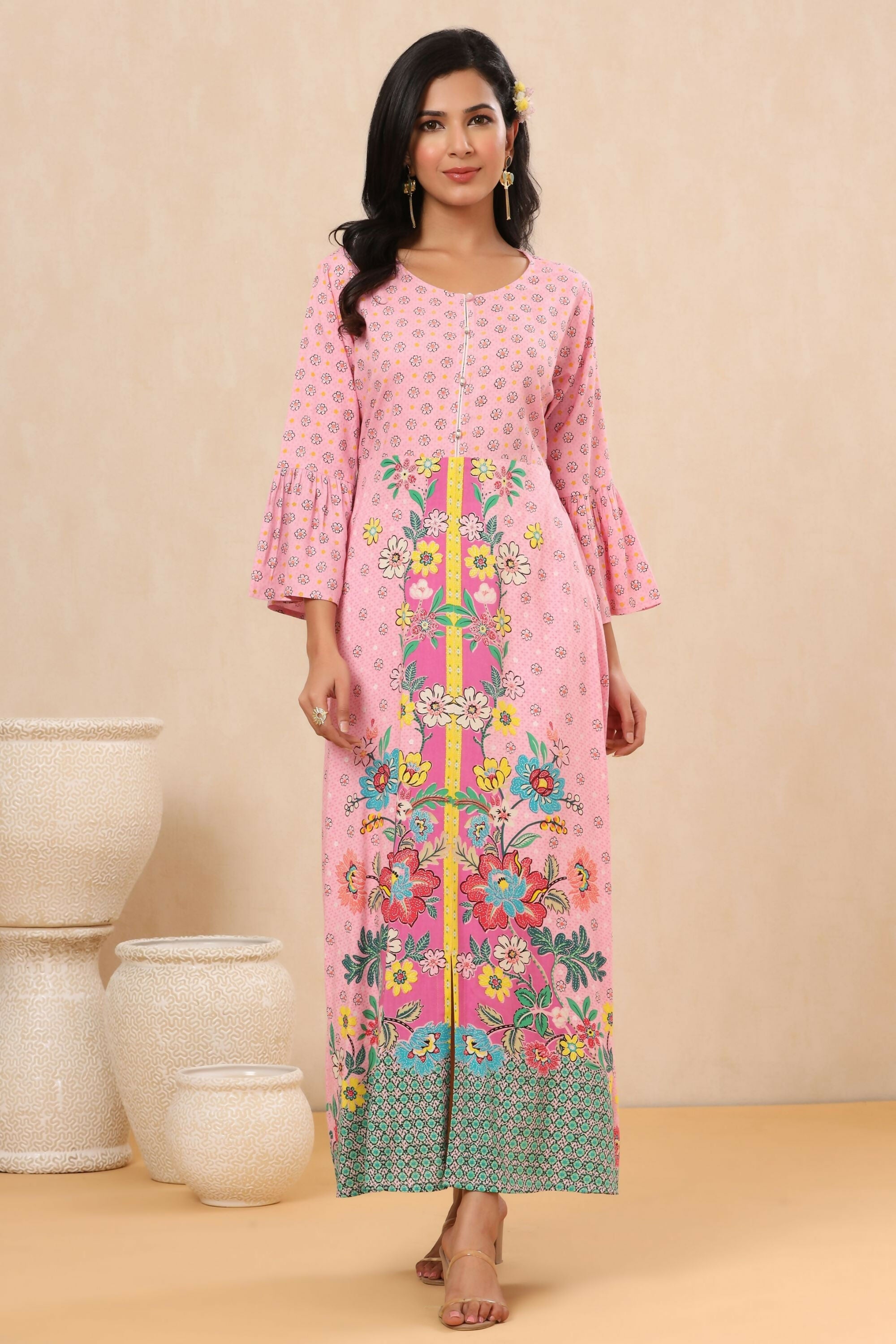 Juniper Pink Floral Printed Rayon Kurta With Buttons Closure At Back | Grocsy
