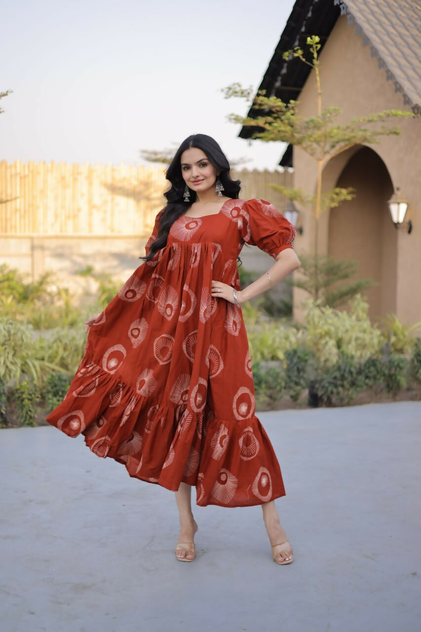 Teeya Creation Womens New Trendy Summer War Printed Cotton Gown Set-Orange | Grocsy