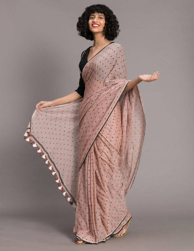 Suta Brown Black Polka Dots Printed Pure Cotton Saree | Grocsy