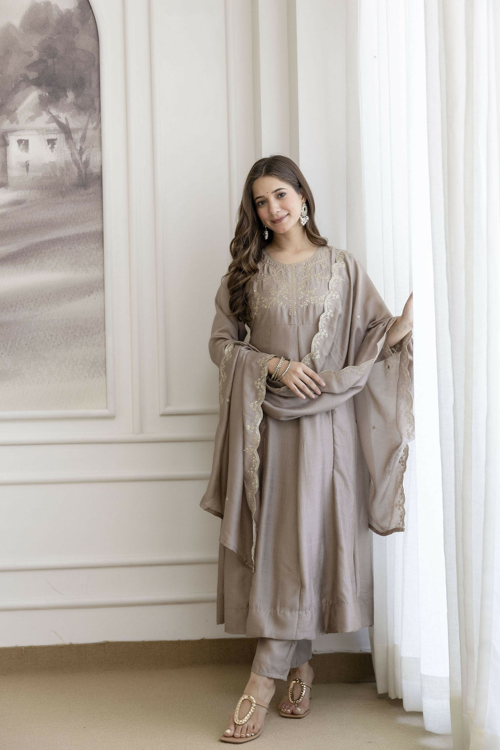The52 Chiku Women's Beautiful Vichitra Silk Fabric Embroidered Work Flared Anarkali Pant and Dupatta Set | Grocsy