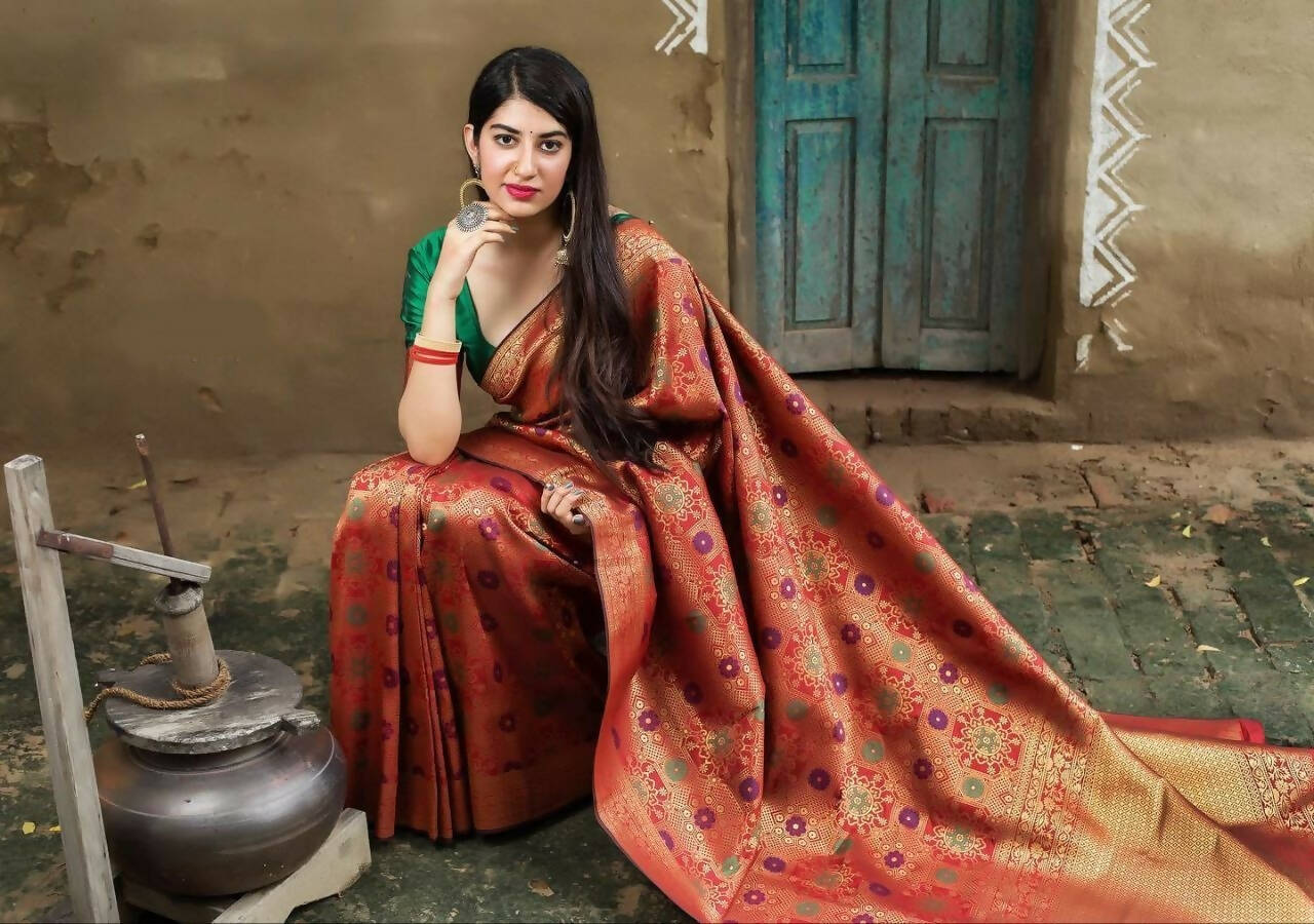 DEIANA'S Beautiful Designer Golden zari Soft Lichi Silk Saree - Red | Grocsy