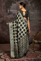 Joban Fashion Black Art Silk With Fine Viscose Border Ajrak Full Body Print With Soft Finish Saree | Grocsy